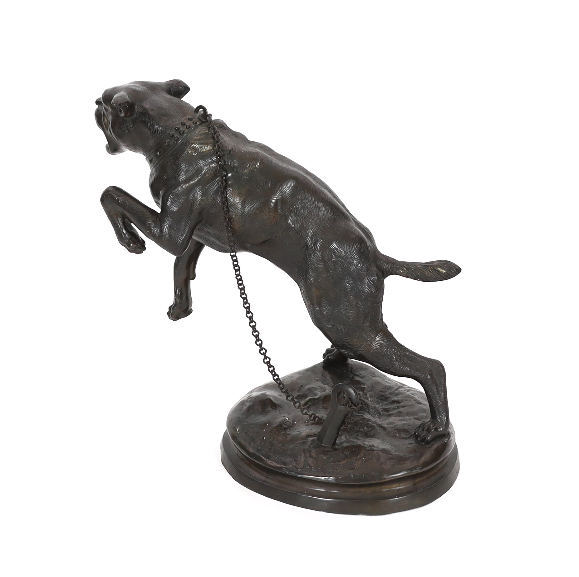 After Charles Valton (French, 1851-1819), a bronze model of a lunging Mastiff 'Passez au Large', 63cm wide, 59cm high